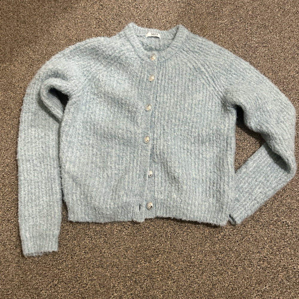 Suzy Shier Pale Blue Fuzzy Button-Up Cardigan